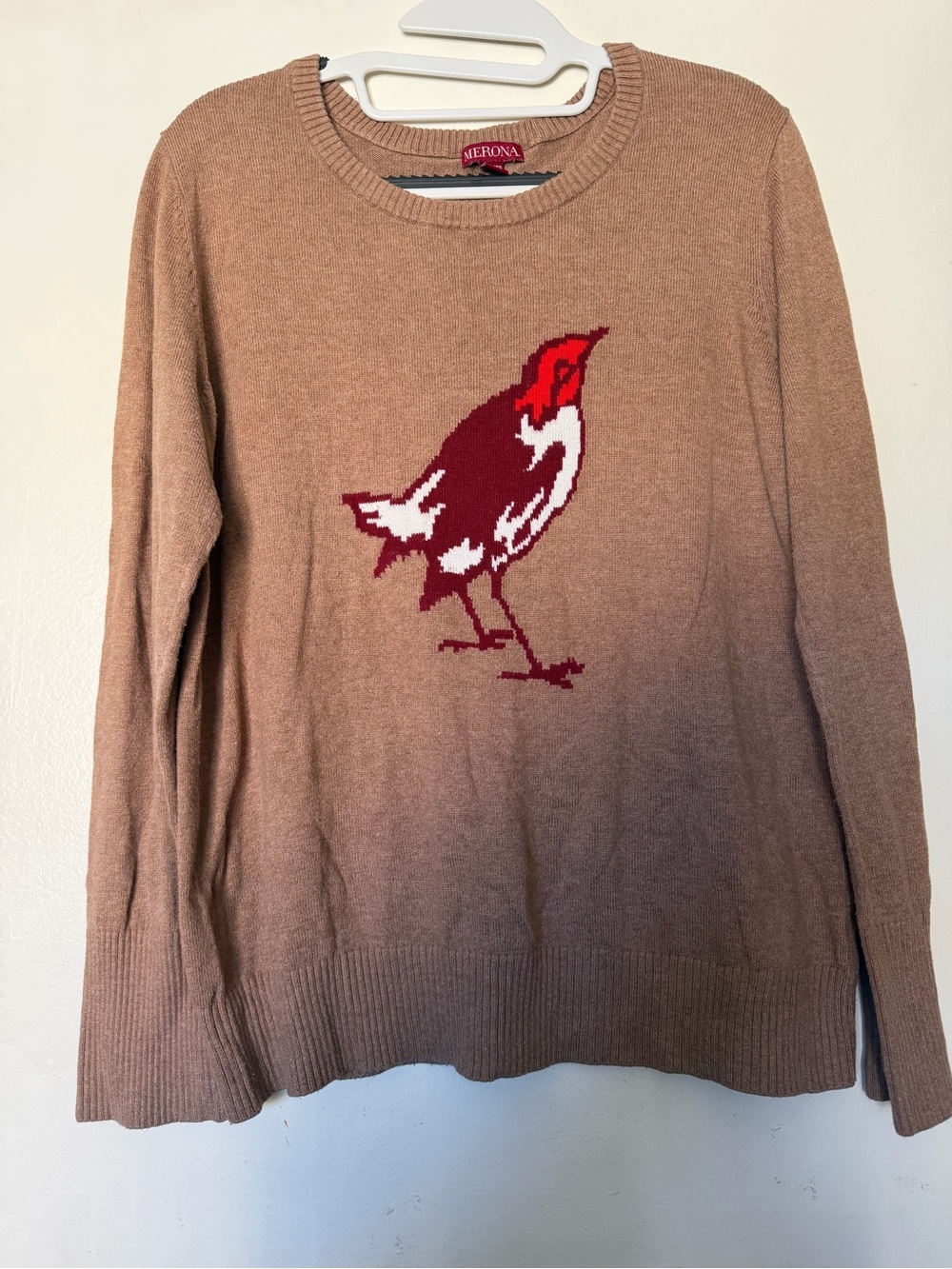Merona XXL Bird Graphic Knit Sweater Tan Long Sleeve Crewneck Pullover